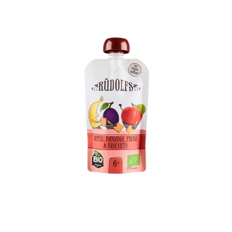 IMPORT Allnature - Rudolfs BIO kapsička Jablko, banán, sušená švestka, sušenky 110 g (od 6 měsíců)